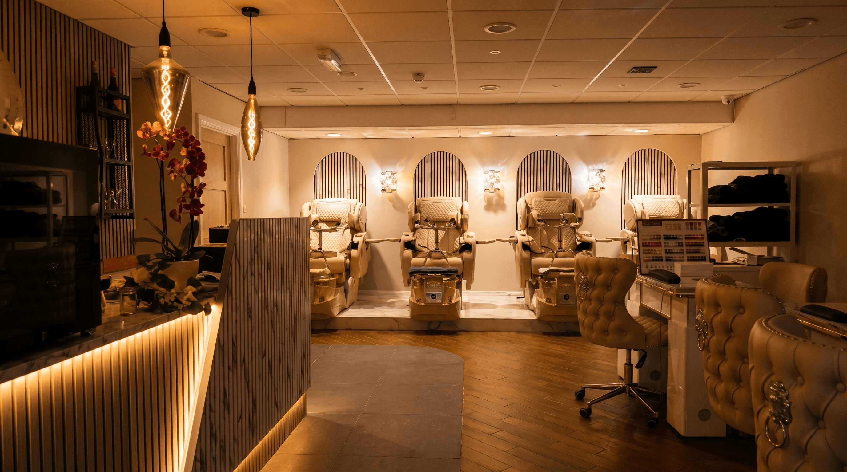 Inside M1 Nails, New Brighton — pedicure thrones and manicure stations in warm golden light