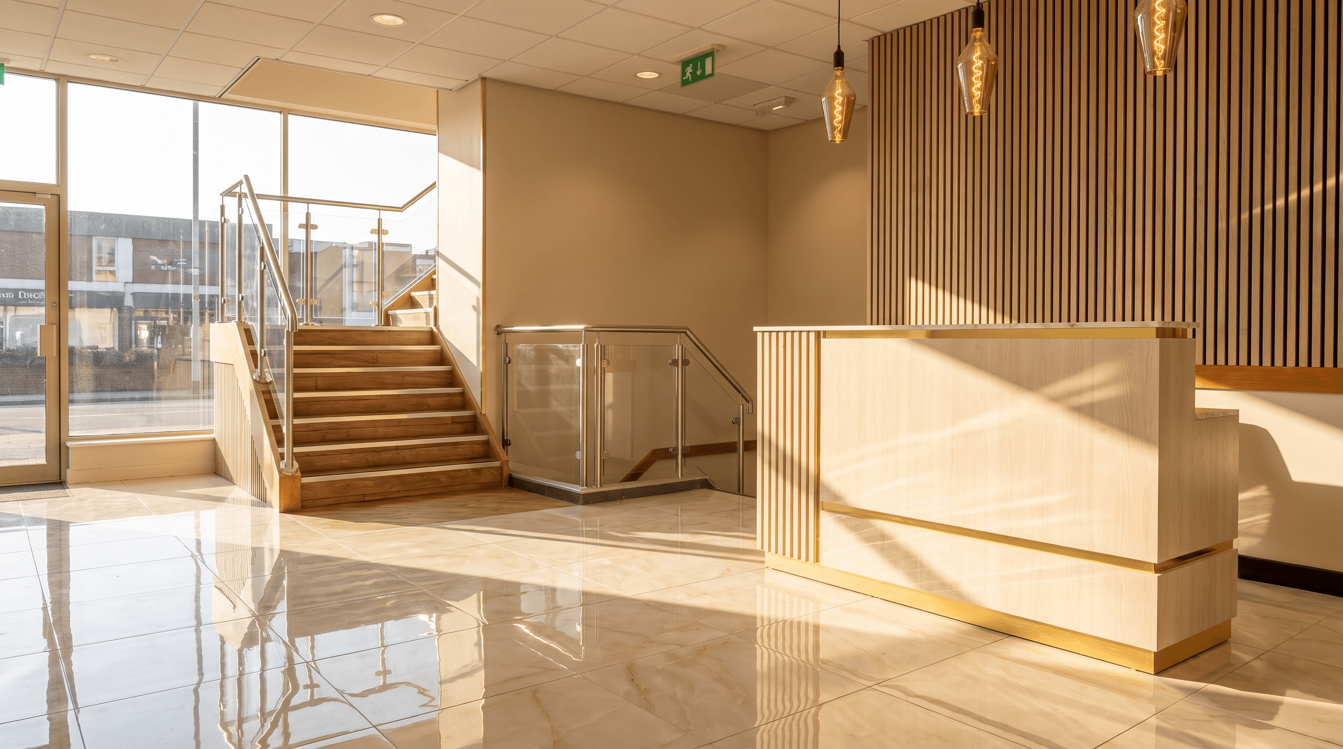 The entrance and staircase at M1 Nails