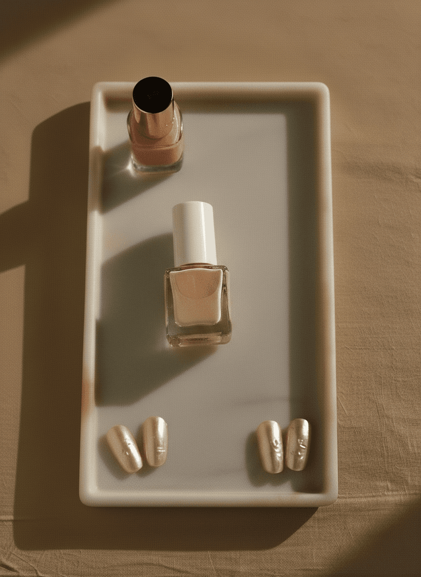 Marble tray with unlabelled cream and blush polish bottles and pearl nail tips in soft window light