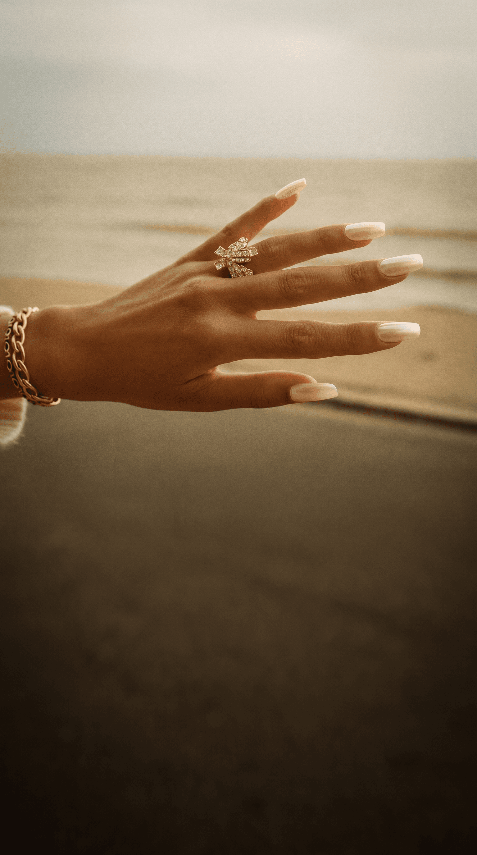 Pearl BIAB nails in soft seafront light at M1 Nails, New Brighton